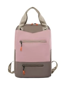 Two Tone Laptop Backpack Casual Multi Zipper - Pink - View 7