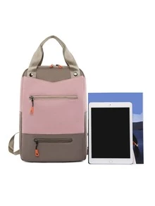 Two Tone Laptop Backpack Casual Multi Zipper - Pink - View 4