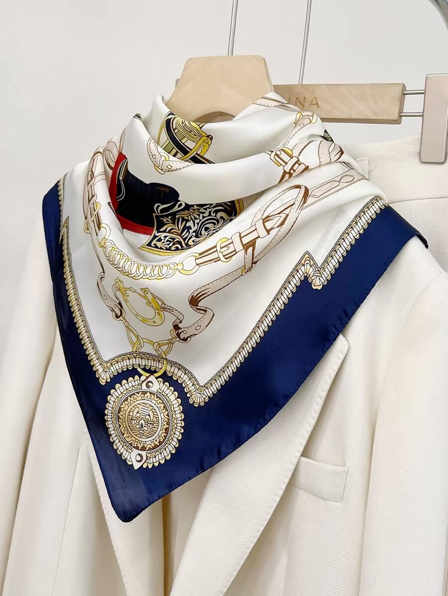 قطعة واحدة 70 سم * 70 سم وشاح مربع صغير من الحرير الاصطناعي الفاخر مطبوع بعجلة السلسلة، وشاح عنق أنيق متعدد الاستخدامات للأعمال والأوقات العادية والسفر والمناسبات