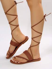 女士編織細節腿部繫帶設計丁字褲度假夏天平底涼鞋 - 棕色 - 查看 2