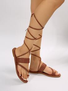 女士編織細節腿部繫帶設計丁字褲度假夏天平底涼鞋 - 棕色 - 查看 4