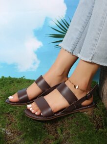 歐美大尺碼女款舒適簡約休閒時尚戶外度假海灘風夏季平底鞋，假期必備 - 巧克力棕 - 查看 7