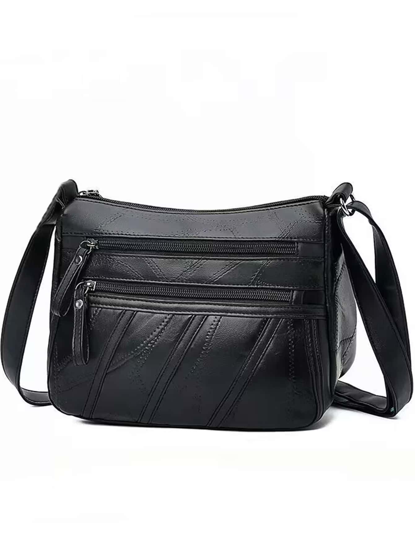 Stitch Detail Hobo Bag Unisex Zipper Black Minimalist Hobo Shoulder Bag, Zipper Crossbody Wallet For Women, All-Match Casual Shopping Bag - Black - View 1