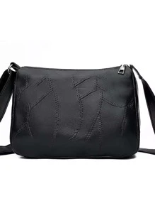 Stitch Detail Hobo Bag Unisex Zipper Black Minimalist Hobo Shoulder Bag, Zipper Crossbody Wallet For Women, All-Match Casual Shopping Bag - Black - View 3