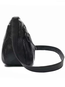 Stitch Detail Hobo Bag Unisex Zipper Black Minimalist Hobo Shoulder Bag, Zipper Crossbody Wallet For Women, All-Match Casual Shopping Bag - Black - View 4