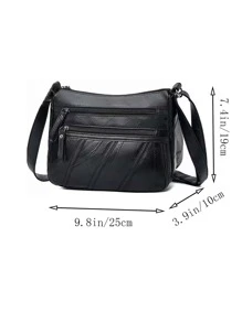 Stitch Detail Hobo Bag Unisex Zipper Black Minimalist Hobo Shoulder Bag, Zipper Crossbody Wallet For Women, All-Match Casual Shopping Bag - Black - View 5