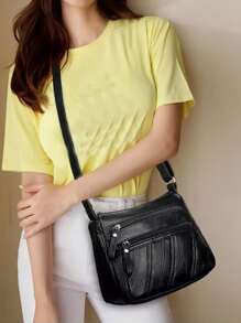 Stitch Detail Hobo Bag Unisex Zipper Black Minimalist Hobo Shoulder Bag, Zipper Crossbody Wallet For Women, All-Match Casual Shopping Bag - Black - View 6