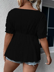 Calvaya Plus Tie Front Puff Sleeve Peplum Blouse Peplum Top - Black - View 2