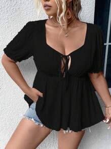 Calvaya Plus Tie Front Puff Sleeve Peplum Blouse Peplum Top - Black - View 5