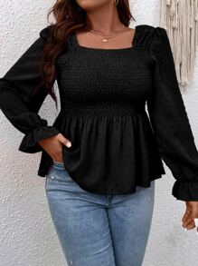 EMERY ROSE Plus Swiss 圆点荷叶边袖荷叶边衬衫 - 黑色 - 查看 1