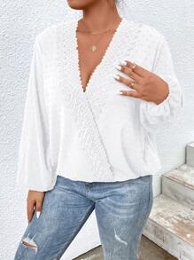 Calvaya Plus Swiss Dot Guipure Lace Insert Lantern Sleeve Blouse - White - View 3
