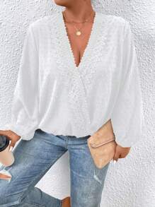 Calvaya Plus Swiss Dot Guipure Lace Insert Lantern Sleeve Blouse - White - View 8
