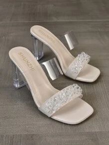 女士珠子裝飾透明粗跟穆勒時尚夏天高跟涼鞋
