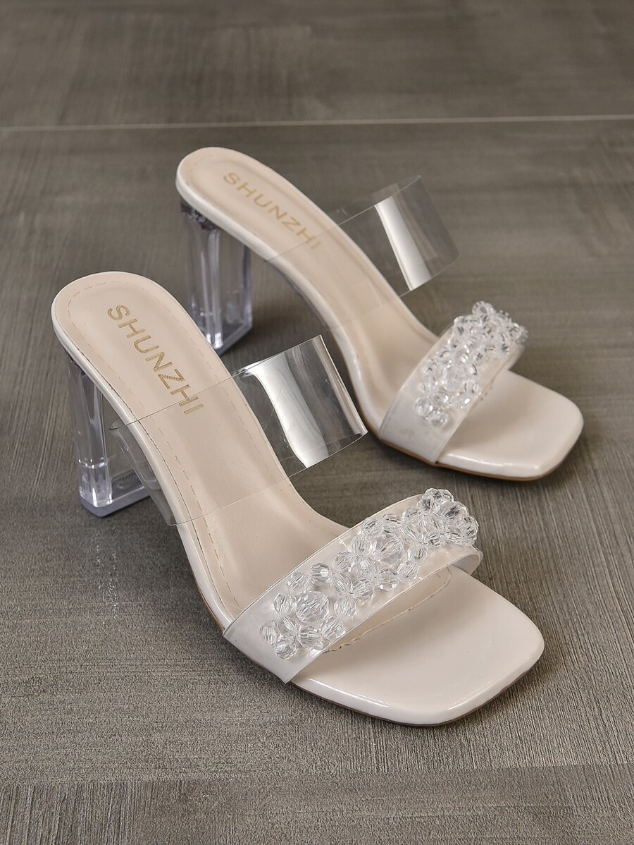 女士珠子裝飾透明粗跟穆勒時尚夏天高跟涼鞋
