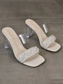 女士珠子裝飾透明粗跟穆勒時尚夏天高跟涼鞋