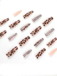 24 chiếc Dài Quan Tài Da Báo Móng Tay Giả & 1 Dũa Móng Tay & 1 Tấm Dán Móng Tay - Nhiều màu - Xem 2