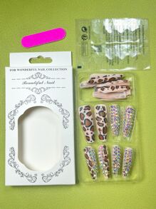 24 chiếc Dài Quan Tài Da Báo Móng Tay Giả & 1 Dũa Móng Tay & 1 Tấm Dán Móng Tay - Nhiều màu - Xem 3