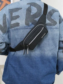 Letter Pattern Bum Bag Black Fashionable Adjustable Strap For Daily & Sport - Black - View 4