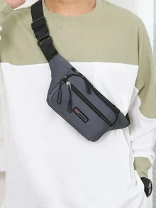 Letter Patch Bum Bag Pocket Front Release Buckle For Daily & Sport - Grey - View 3