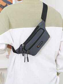 Letter Patch Bum Bag Pocket Front Release Buckle For Daily & Sport - Grey - View 7