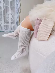 3雙裝女童鏤空花朵裝飾時尚及膝高筒襪適合日常生活 - 彩色 - 查看 1