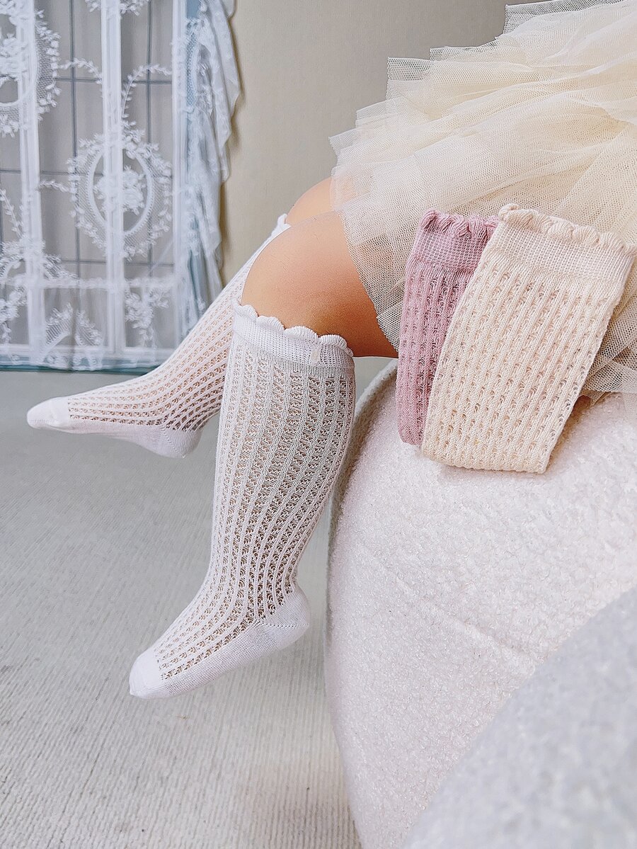 3雙裝女童鏤空花朵裝飾時尚及膝高筒襪適合日常生活 - 彩色 - 查看 1