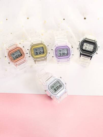 1入組兒童透明矽膠錶帶運動夜光方形錶盤電子手錶適合日常生活