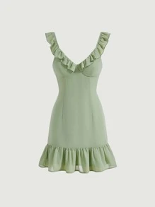 SHEIN MOD Solid Ruffle Trim Bustier Dress - Mint Green - View 1