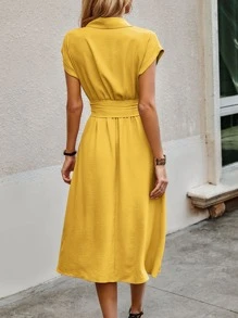 SHEIN LUNE Đầm Nút phía trước Thắt lưng màu trơn Giải trí - Màu vàng - Xem 2
