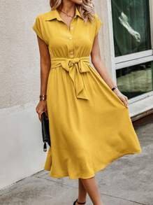 SHEIN LUNE Đầm Nút phía trước Thắt lưng màu trơn Giải trí - Màu vàng - Xem 3