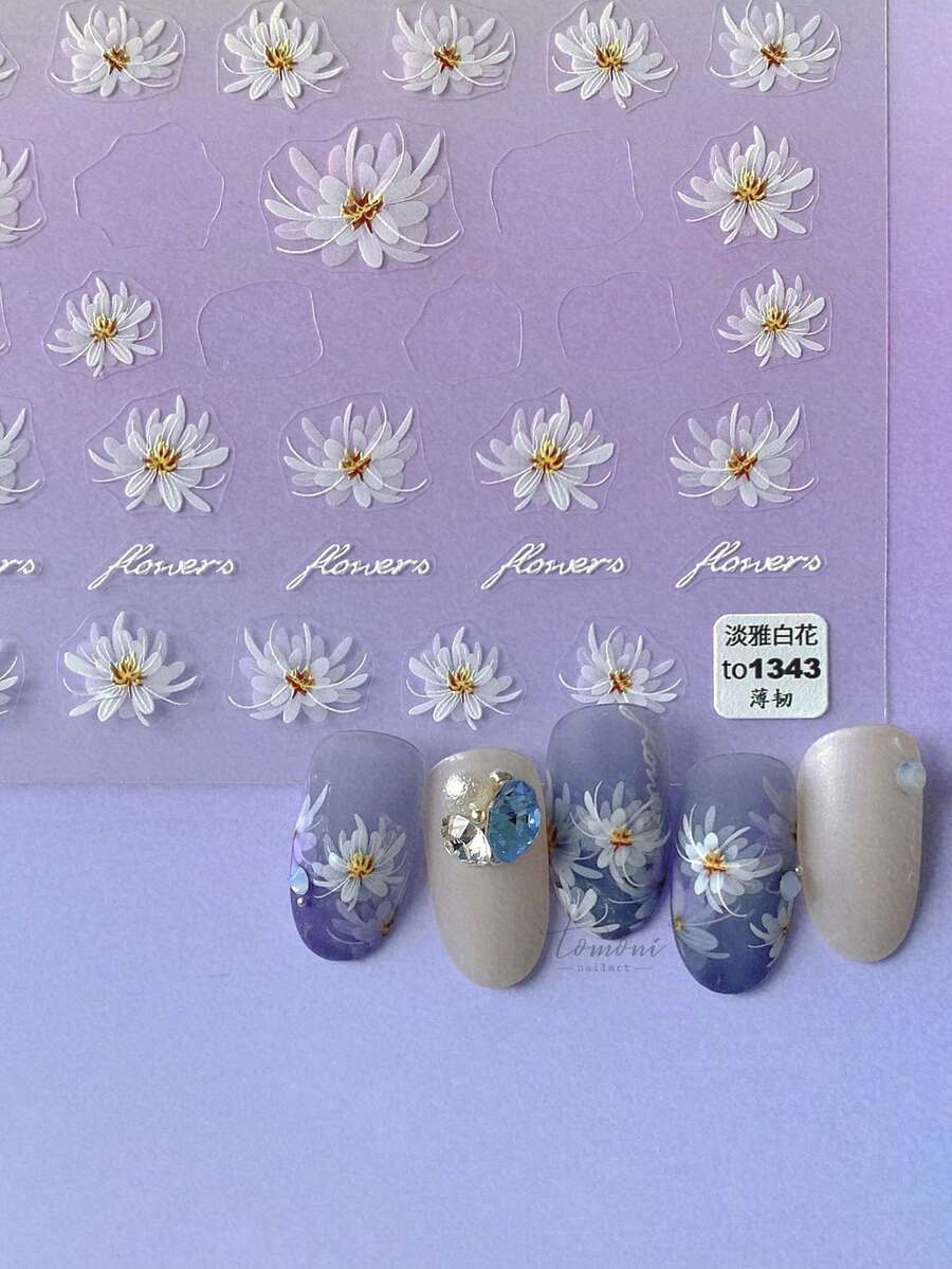 1sheet Translucent White Flower Nail Art Sticker Simulation Decals Ultra Thin Spring Manicure Decoration Accessories - White - View 1