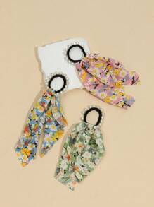 3入組女孩碎花人造珍珠裝飾時尚飄帶髮圈適用於頭髮裝飾用品