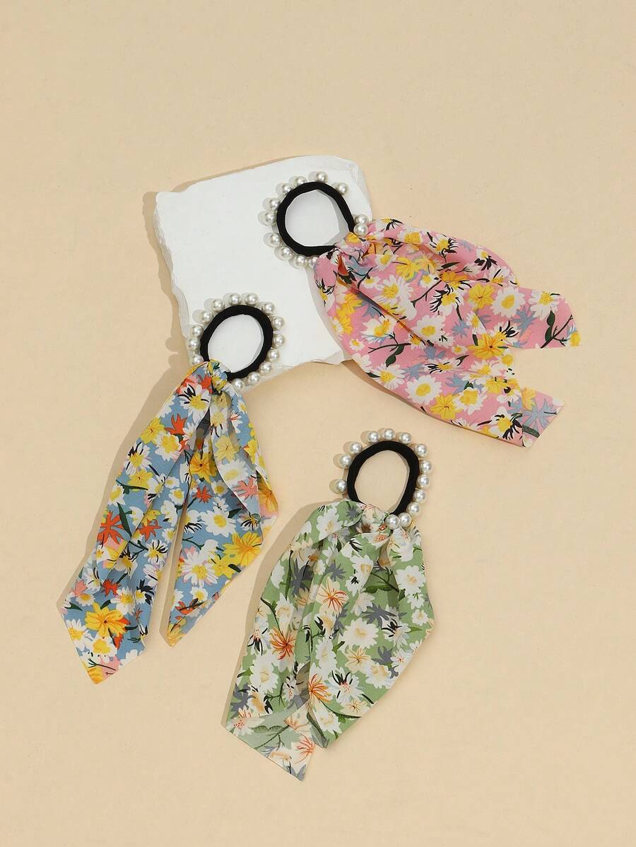 3入組女孩碎花人造珍珠裝飾時尚飄帶髮圈適用於頭髮裝飾用品