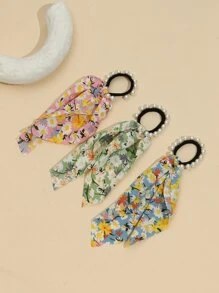3入組女孩碎花人造珍珠裝飾時尚飄帶髮圈適用於頭髮裝飾用品