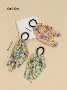 3入組女孩碎花人造珍珠裝飾時尚飄帶髮圈適用於頭髮裝飾用品