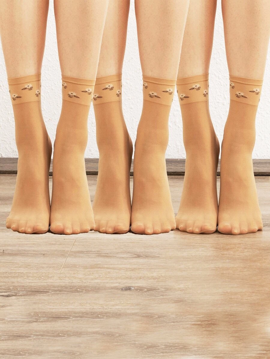 3pairs Women Floral Pattern Crew Socks For Daily Life - Apricot - View 1