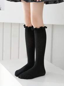 2/1 Pair Kids Calf Socks, Mesh Socks, Girls Calf Socks, Black, Solid Color, Frill Trim, Line, Straight Tube Socks, Cute, Princess Style, School Style, Spring Summer Autumn, All Season, Suitable For Daily Wear, Party Princess Socks, Festivals, Back To School, Delicate Cute, Versatile, Can Be Paired With Loafers, Sneakers, Flats, Back To School Season, Students, New Semester, Start Of School, Classroom - Black - View 3