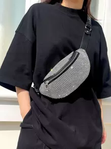 Rhinestone Decor Bum Bag With Zipper - Black - View 1