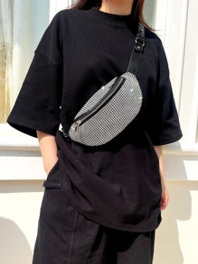 Rhinestone Decor Bum Bag With Zipper - Black - View 2
