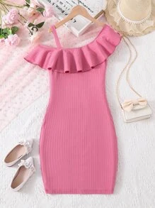Teen Girls Asymmetrical Neck Ruffle Trim Rib-knit Dress - Pink - View 4