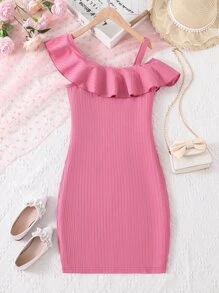 Teen Girls Asymmetrical Neck Ruffle Trim Rib-knit Dress - Pink - View 2