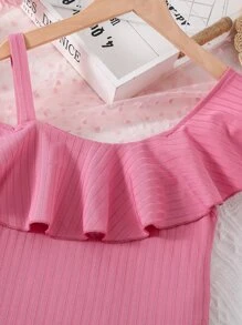 Teen Girls Asymmetrical Neck Ruffle Trim Rib-knit Dress - Pink - View 6