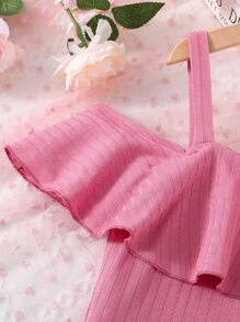 Teen Girls Asymmetrical Neck Ruffle Trim Rib-knit Dress - Pink - View 7