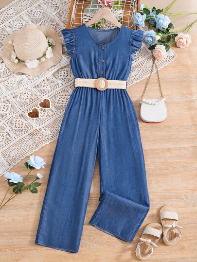 SHEIN Tween Girl Ruffle Trim Button Front Jumpsuit