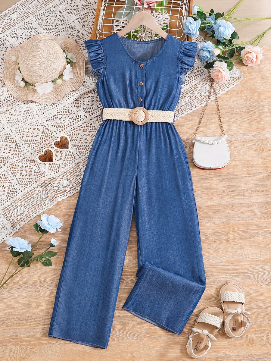 SHEIN Tween Girl Ruffle Trim Button Front Jumpsuit - Dusty Blue - View 1