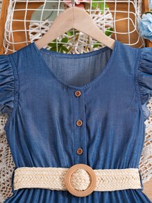 SHEIN Tween Girl Ruffle Trim Button Front Jumpsuit - Dusty Blue - View 5