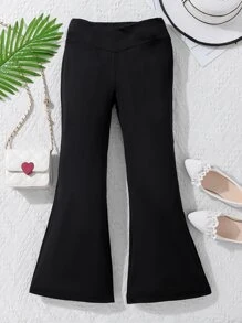 SHEIN Girls Solid Flare Leg Trousers - Black - View 1