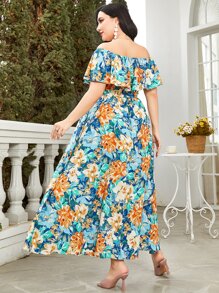 Mulvari 大碼印花一字肩荷葉邊繫腰帶連衣裙 - 彩色 - 查看 2