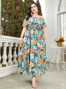 Mulvari 大碼印花一字肩荷葉邊繫腰帶連衣裙 - 彩色 - 查看 4