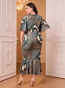 Mulvari Plus Scarf Print Mermaid Hem Dress - Multicolor - View 2